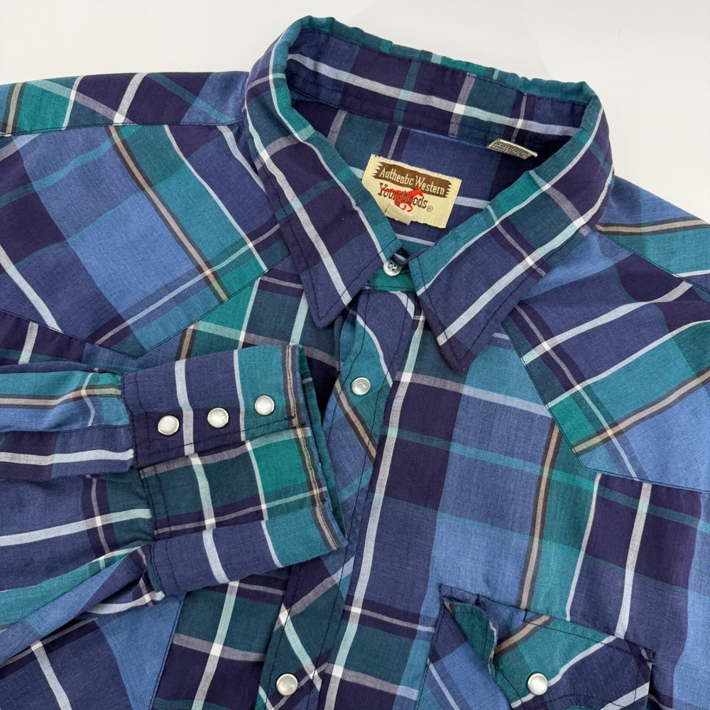 Youngbloods Western Shirt Mens 3X Blue Teal Plaid Pearl Snap Long Sleeve 0957
